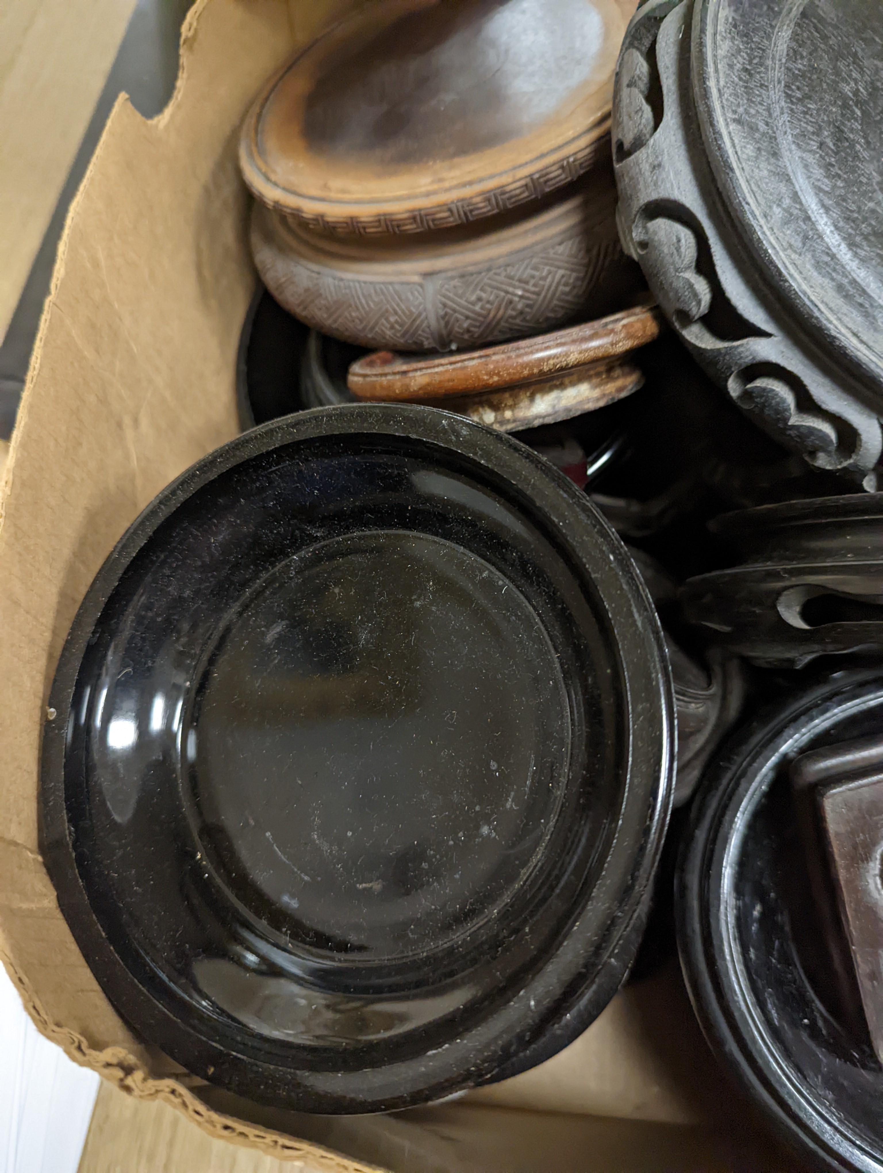 Three boxes of hardwood, glass and ceramic stands.